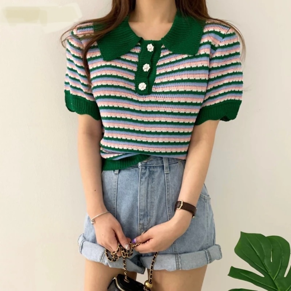 NWOT Loose Knit Green & Pink Stripped Sweater With White Flower Buttons Size M